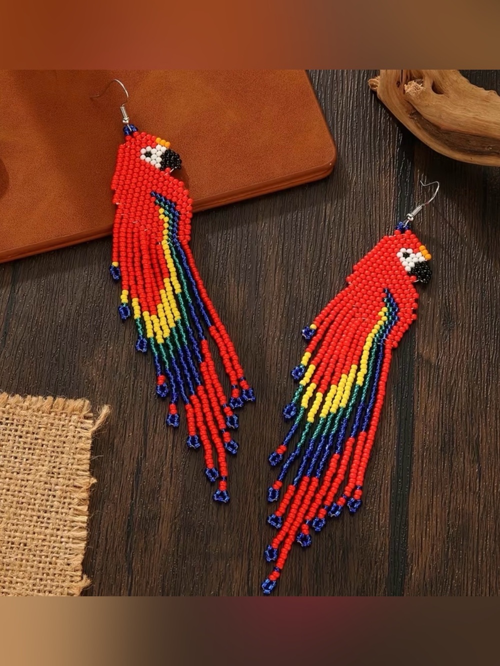 NWT Parrot Hand Beaded Dangle Earrings Red - Picture 3 of 3